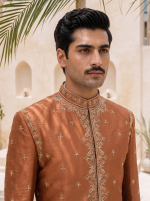 Stunning Rust Copper Raw Silk Prince Coat with Hand Resham - Image 2