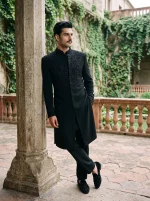 Luxury velvet sherwani featuring intricate handmade embroidery, premium fabric, and elegant royal detailing, perfect for grooms, weddings, Barat, and special occasions.