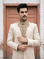 Royal Ivory Jamawar Hand Embroidered Sherwani - Image 3