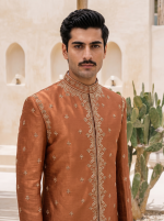 Stunning Rust Copper Raw Silk Prince Coat with Hand Resham