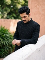 Luxury velvet sherwani featuring intricate handmade embroidery, premium fabric, and elegant royal detailing, perfect for grooms, weddings, Barat, and special occasions.