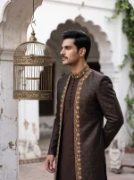 Royal Chocolate Brown Jamawar 3-Piece Sherwani - Image 5