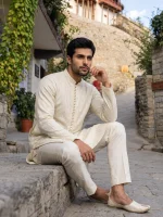 Luxury Ivory Embroidered Kurta Pajama Timeless Eastern - Image 3