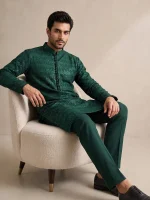 Embroidered Kurta Pajama  Luxury Emerald Green Wedding - Image 4