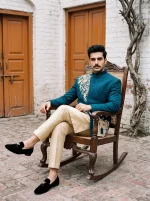 Royal Teal Blue Jacquard Prince Coat with Handmade Embroidery - Image 4