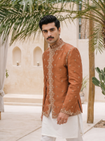 Stunning Rust Copper Raw Silk Prince Coat with Hand Resham - Image 5