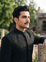 Royal Velvet Sherwani with Handmade Embroidery - Image 3