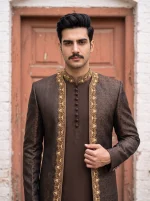 Royal Chocolate Brown Jamawar 3-Piece Sherwani - Image 4