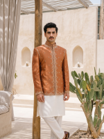 Stunning Rust Copper Raw Silk Prince Coat with Hand Resham - Image 4