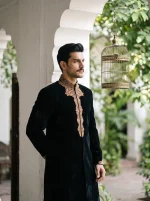 Royal Black Tropical Fabric Sherwani with Handmade Embroidery - Image 3