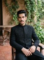 Royal Velvet Sherwani with Handmade Embroidery - Image 4