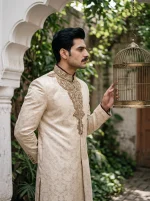 Royal Ivory Jamawar Hand Embroidered Sherwani - Image 4
