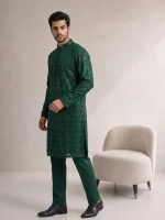 Embroidered Kurta Pajama  Luxury Emerald Green Wedding - Image 6