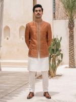 Stunning Rust Copper Raw Silk Prince Coat with Hand Resham - Image 3