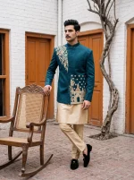 Royal Teal Blue Jacquard Prince Coat with Handmade Embroidery - Image 5