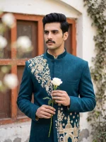 Royal Teal Blue Jacquard Prince Coat with Handmade Embroidery - Image 3