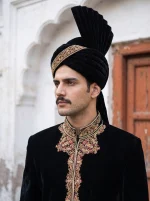 Royal Black Tropical Fabric Sherwani with Handmade Embroidery - Image 4