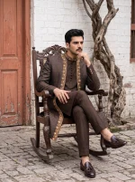 Royal Chocolate Brown Jamawar 3-Piece Sherwani - Image 3
