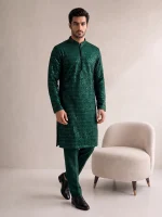 Embroidered Kurta Pajama  Luxury Emerald Green Wedding - Image 7