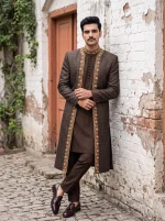 Men's Royal Chocolate Brown Jamawar 3-Piece Sherwani with Handmade Golden Embroidery on Collar and Front Borders, Paired with Matching Kurta and Trousers, Perfect for Groom Wedding Wear.