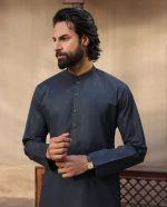 Dark Embroidered Kurta with Band Collar – MensStore