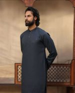 Dark Embroidered Kurta with Band Collar – MensStore - Image 2