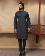 Dark Embroidered Kurta with Band Collar – MensStore - Image 3