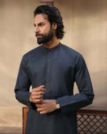 Dark Embroidered Kurta with Band Collar – MensStore - Image 4