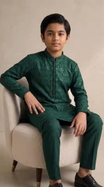Boys Dark Green Embroidered Kurta Pajama – Stunning Custom - Image 2
