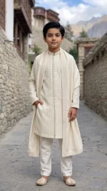 Boys Off White Embroidered Kurta Pajama  Stunning