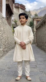 Boys Off White Embroidered Kurta Pajama  Stunning - Image 2