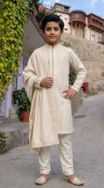 Boys Off White Embroidered Kurta Pajama  Stunning - Image 3