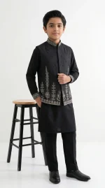 Boys Black Embroidered Waistcoat - Image 2